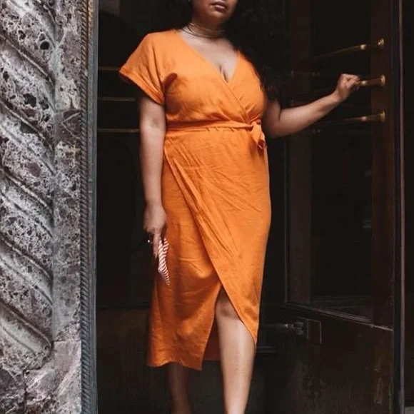 Martel 100% Linen Orange Wrap Dress - Picture 12 of 12